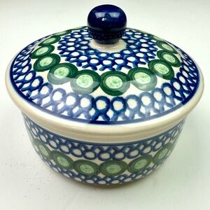 POLISH POTTERY Green and Blue Round Container Jar with Lid